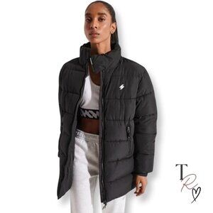 Superdry Women’s Longline  Black Sports Puffer Coat Jacket Size US 8